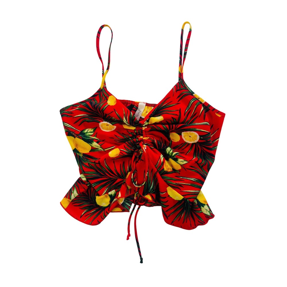 Hello Miss Women's Red‎ Tropical Lemon Print Ruched Front Crop Cami Top Small